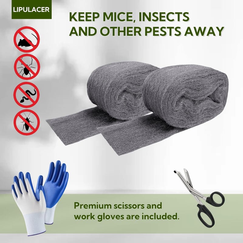 Lipulacer تحكم في الفئران باستخدام الصوف الصلب - عبوة 2 حبة 3 بوصة × 11 قدم من الصوف الصلب 0000 - يشمل قفازات عمل ومقصات - حشو ثقوب الجدران للفئران للمنزل والحديقة والمرآب - Image 5